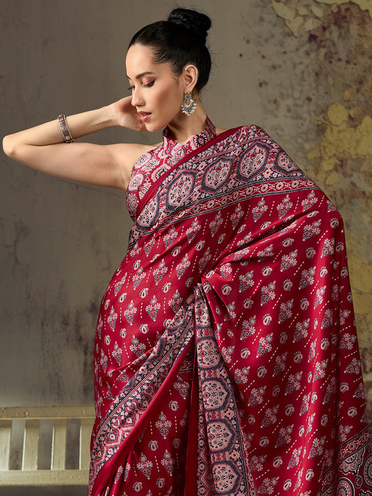 Red Ajrakh Paisley & Floral Butta Print Satin Saree