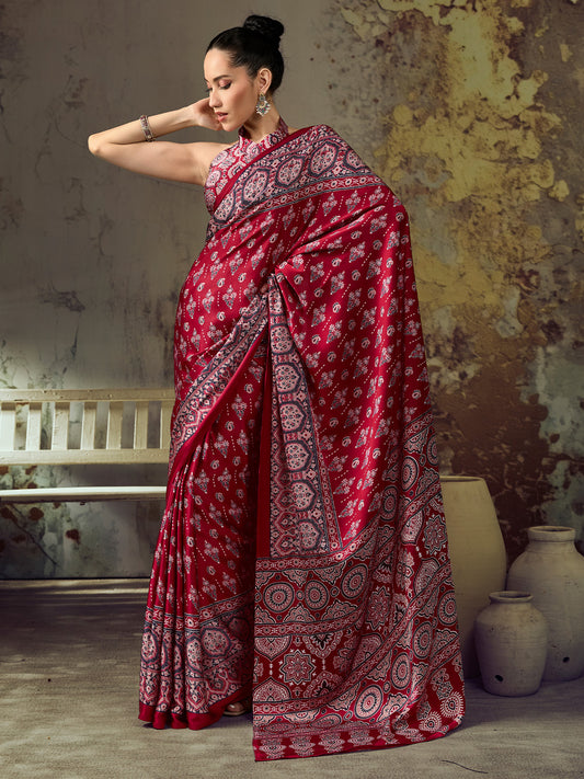 Red Ajrakh Paisley & Floral Butta Print Satin Saree