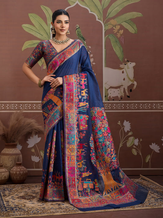 Navy Blue Silk Blend Heritage Kashmiri Style Saree