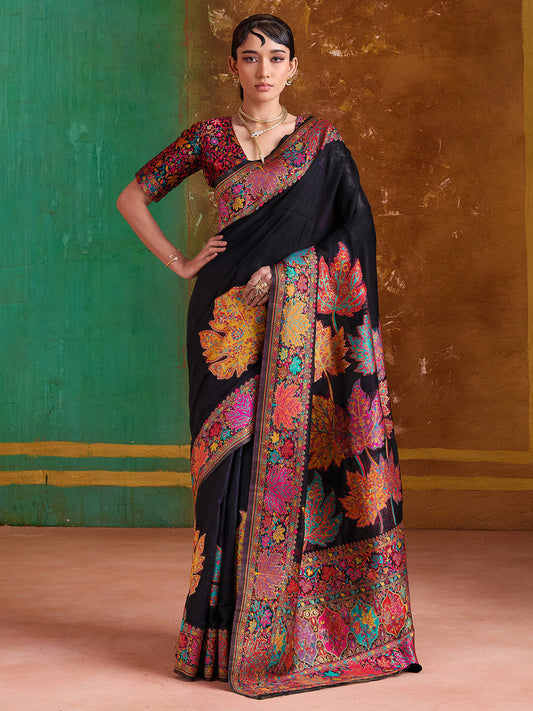 Black Silk Blend Kashmiri Style Saree