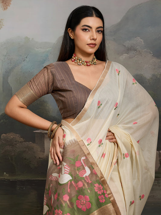 Off White Cotton Woven Printed Saree