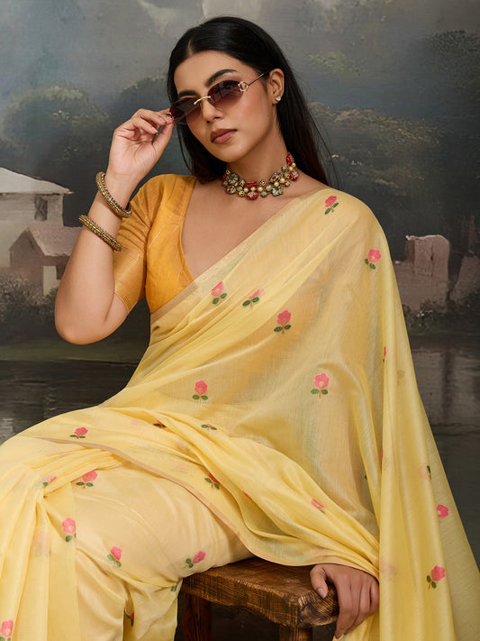 Yellow Cotton Woven Printed Saree