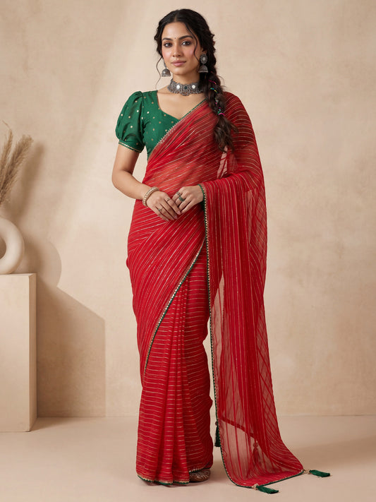 Red & Green Leheriya Style Saree