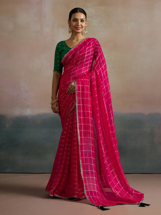 Pink Viscose Silk Zari Woven Checks Saree