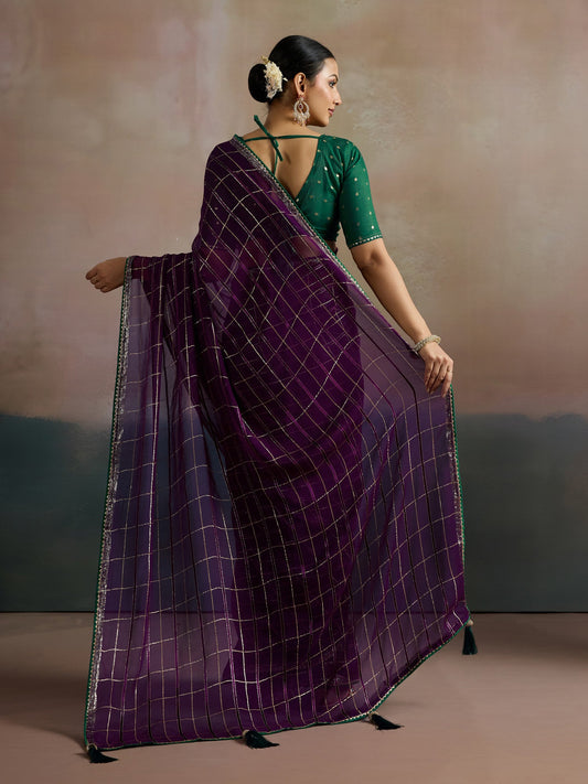 Purple Viscose Silk With Zari Checks Saree