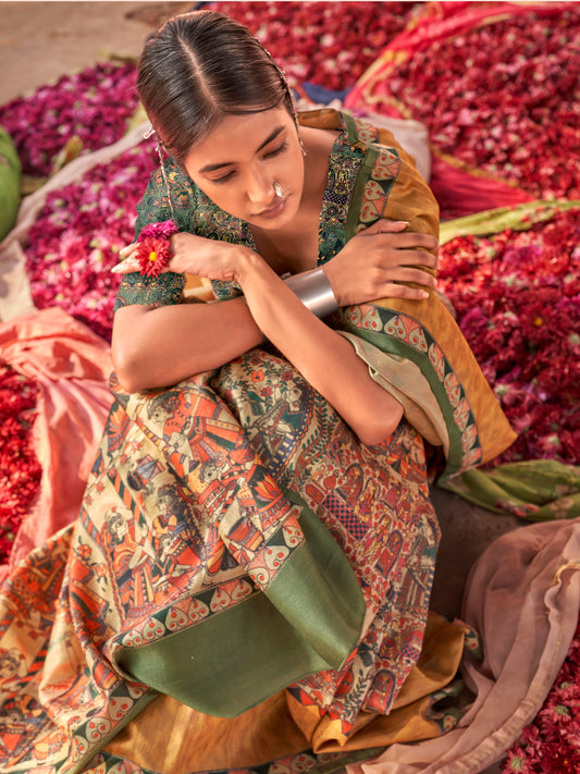 Cream Kalamkari Silk Saree with Multicolour Mythological Narrative Print, Forest Green & Gold Border & Kalamkari Blouse