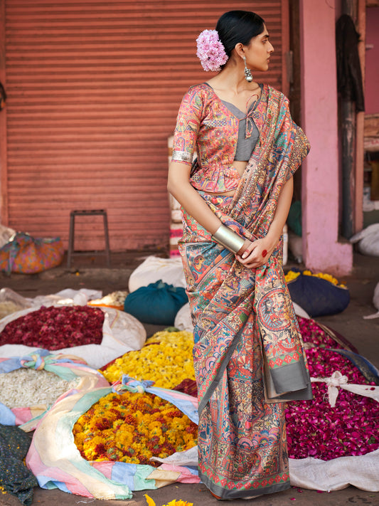 Beige Kalamkari Silk Saree with Multicolour Medallion Narrative Print, Slate Grey Border & Kalamkari Peplum Blouse