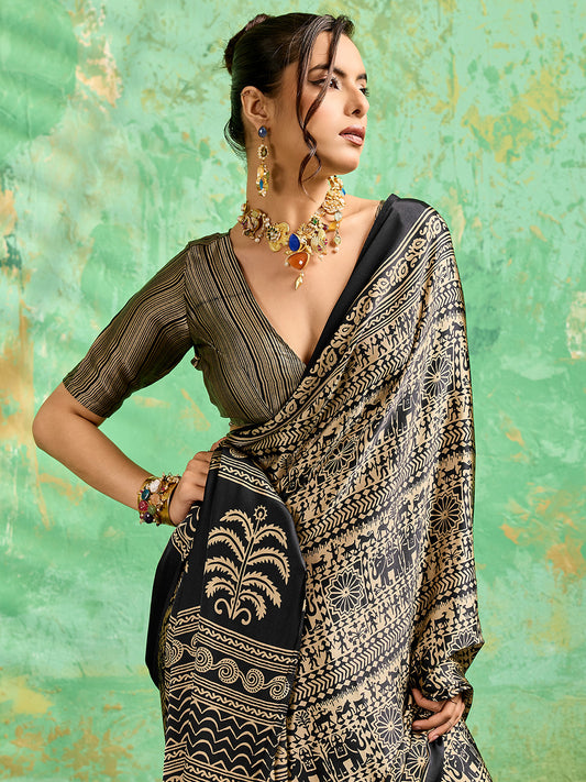 Black Satin Tribal Printed Saree