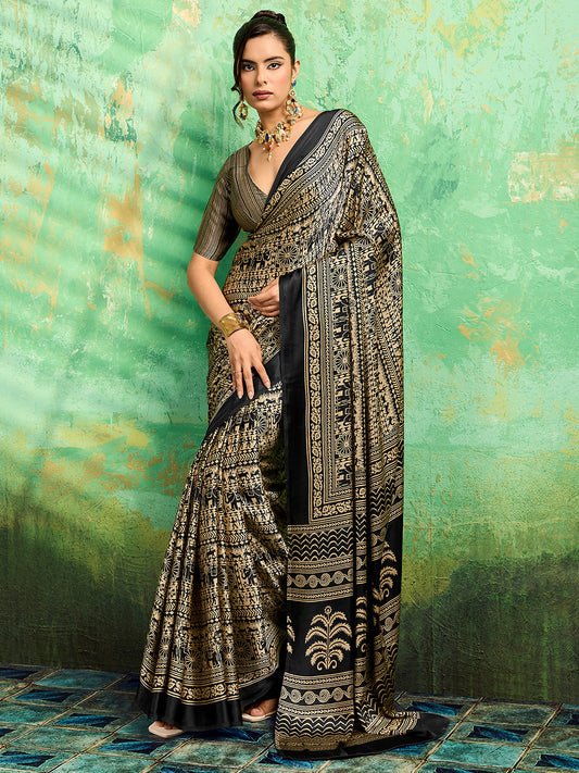 Black Satin Tribal Printed Saree