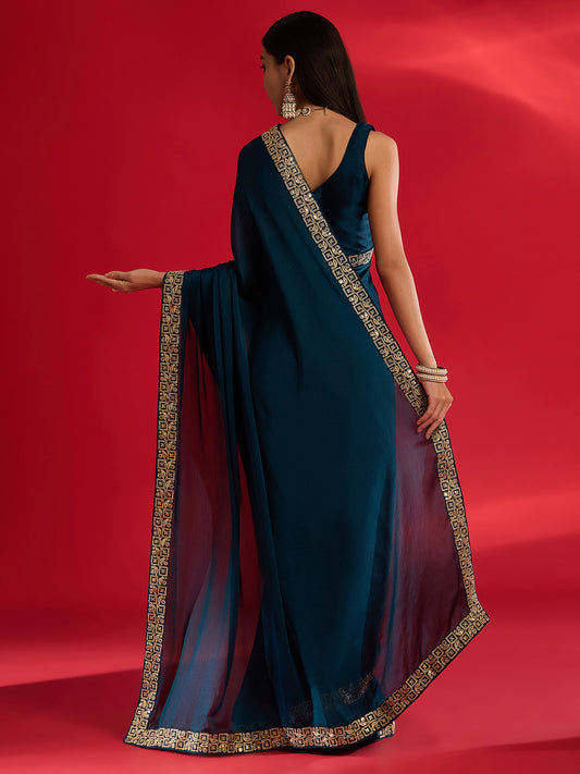 teal Blue Silk Blend Shimmer Georgette Zari Embroidery Saree