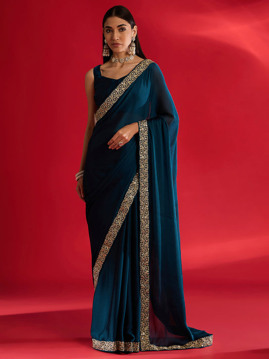 teal Blue Silk Blend Shimmer Georgette Zari Embroidery Saree
