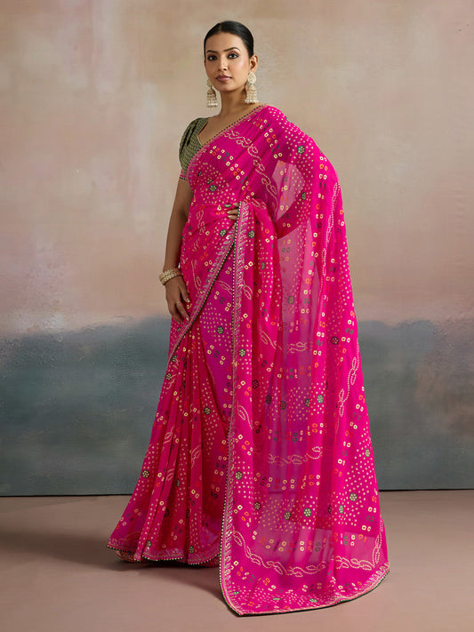 Hot Pink Bandhani Georgette Saree