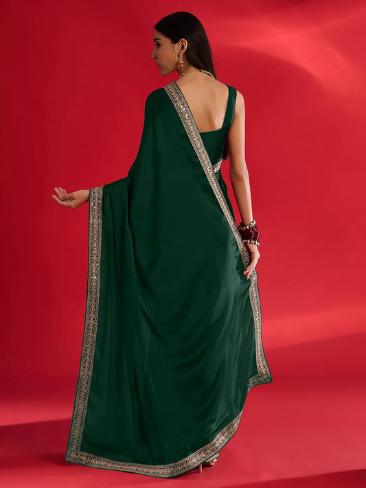 Emerald Green Satin Chiffon  Saree with Gold Zari Border