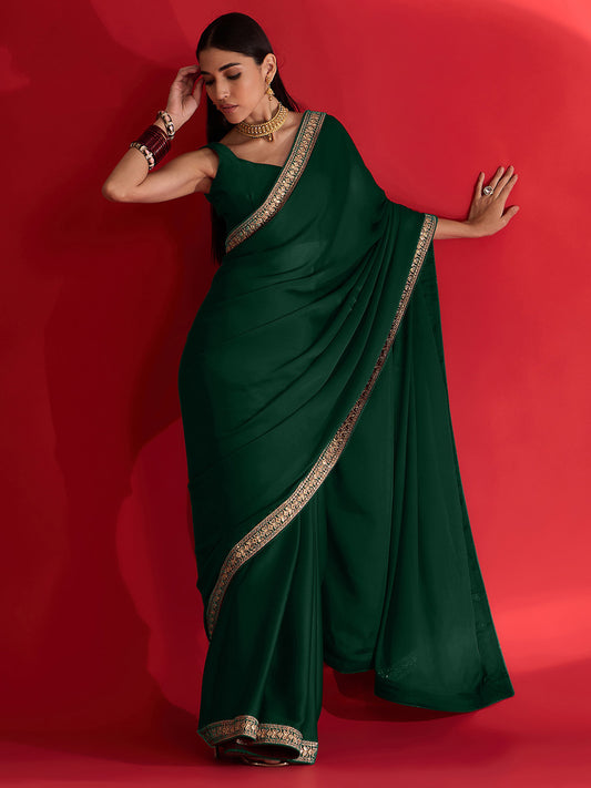 Emerald Green Satin Chiffon  Saree with Gold Zari Border