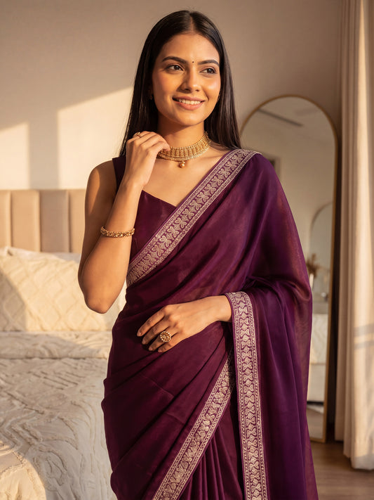 Wine Organza Silk Blend Saree