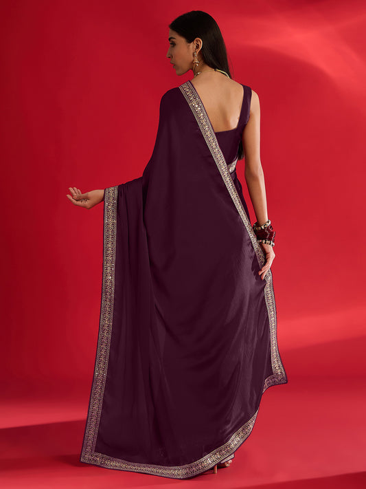 Deep Plum Embroidered Border Satin Chiffon Saree
