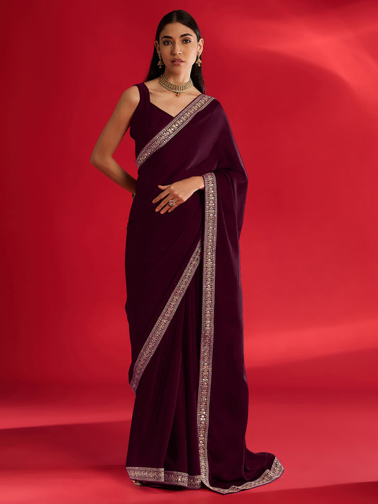 Deep Plum Embroidered Border Satin Chiffon Saree