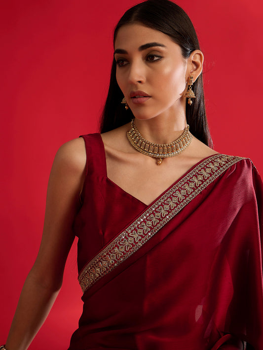 MAROON SATIN SILK EMBLISHED SAREE