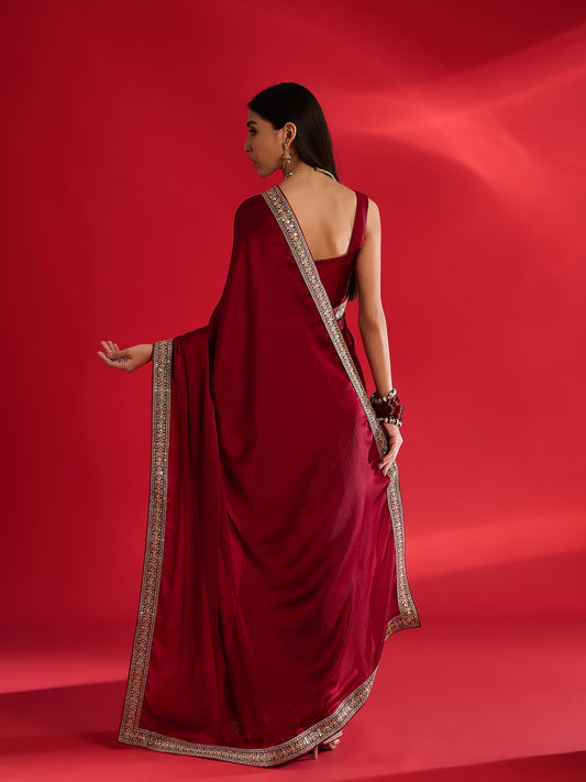 Crimson Embroidered Silk Saree with Gold Border