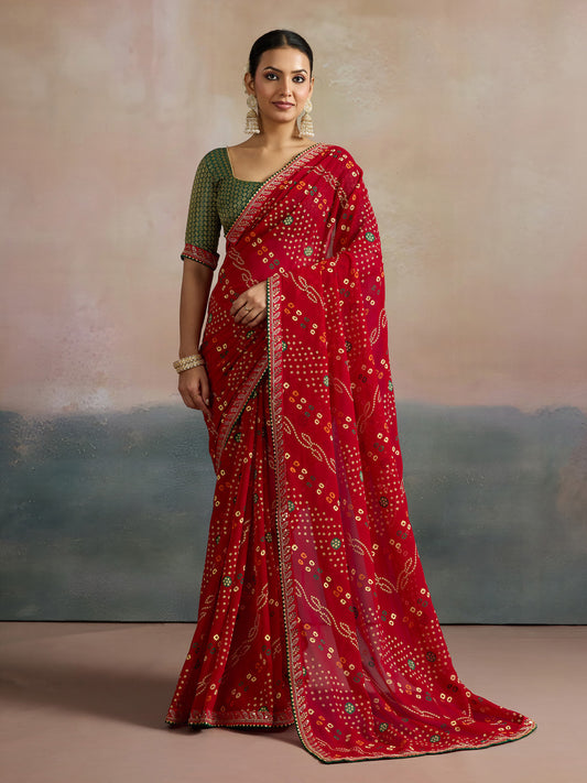 Red Bandhani Georgette Saree with Green Gold Border