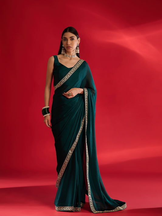 c Emerald Green Georgette Embroidered Saree with Gold Border