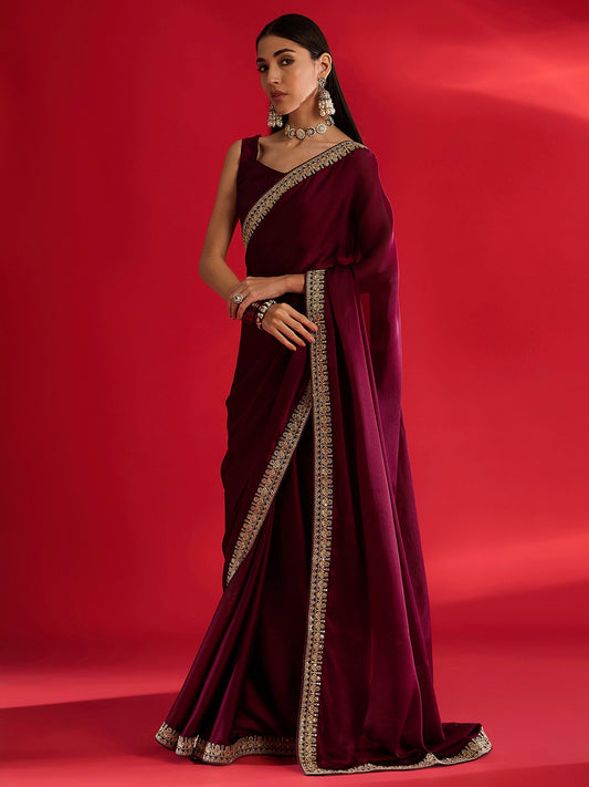 Wine Embroidered Silk Saree