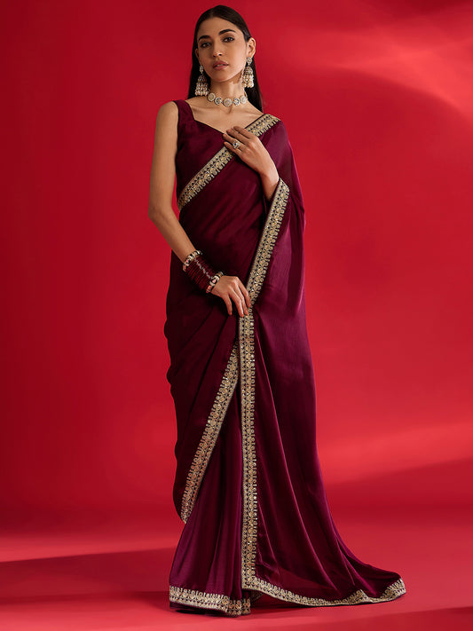Wine Embroidered Silk Saree