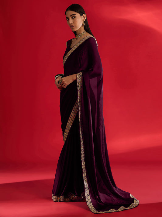 Deep Plum Georgette Saree with Gold Lace Border