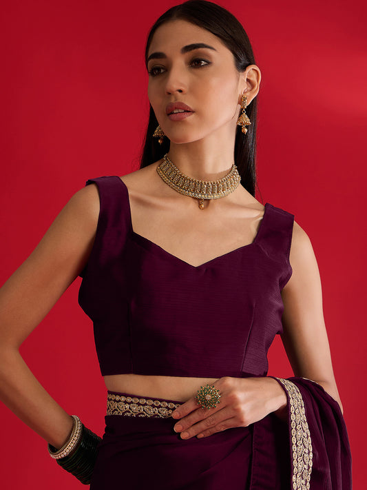 Deep Plum Georgette Saree with Gold Lace Border