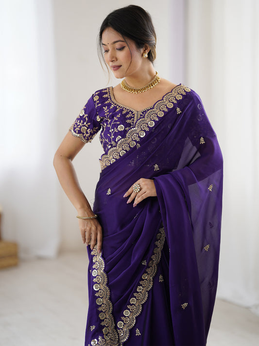 Royal Purple Embroidered Georgette Saree with Blouse