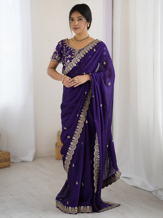 Royal Purple Embroidered Georgette Saree with Blouse