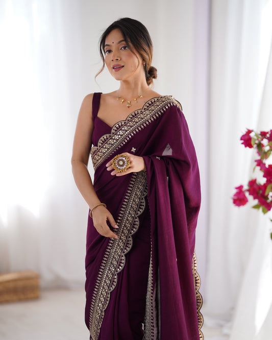 Wine Vichitr Silk Embroidered Saree