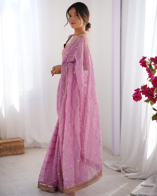 Lavender Organza Sequin Saree with Blouse