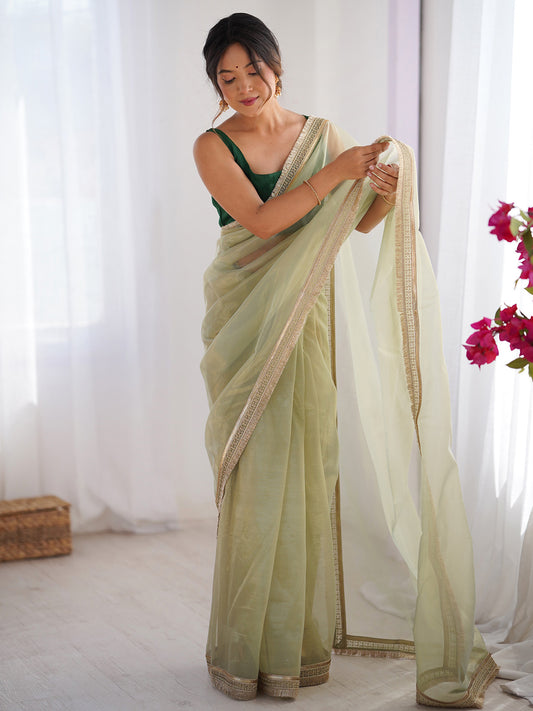Lime Glaze Organza Saree with Scalloped Zari Border