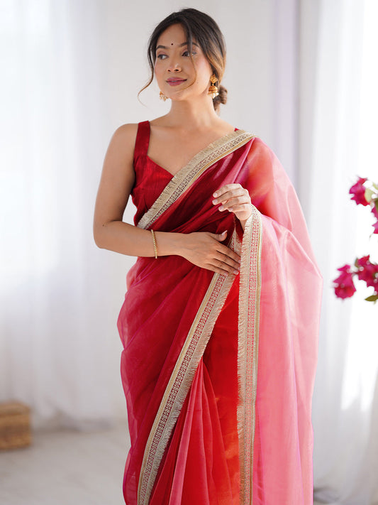 Cherry Red Organza Saree with Scalloped Zari Border