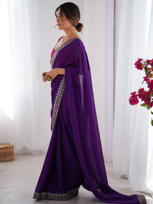 Purple Georgette Embroidered Saree with Pink Blouse