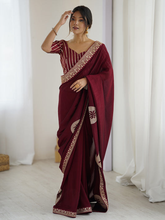 Maroon Georgette Saree with Palm Tree Appliqué