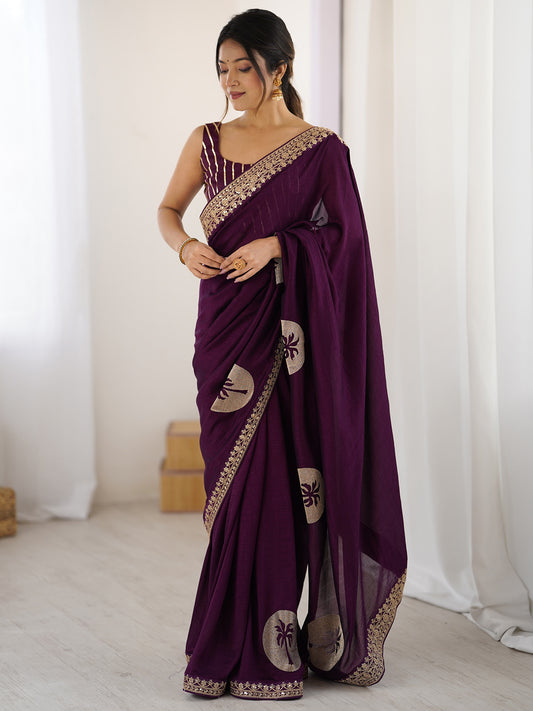 Purple Silk Saree with Gold Embroidery & Banarasi Buta