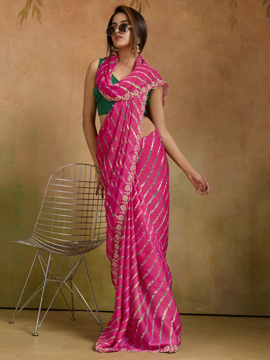 Striped Beads and Stones Pure Chiffon Leheriya Saree
