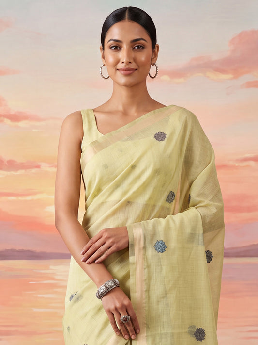 Light Yellow Peacock Motif Pallu Woven Cotton Saree
