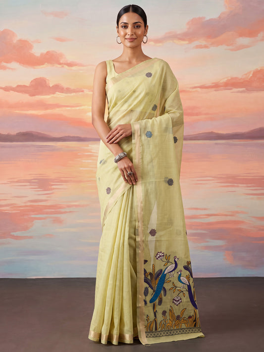 Light Yellow Peacock Motif Pallu Woven Cotton Saree