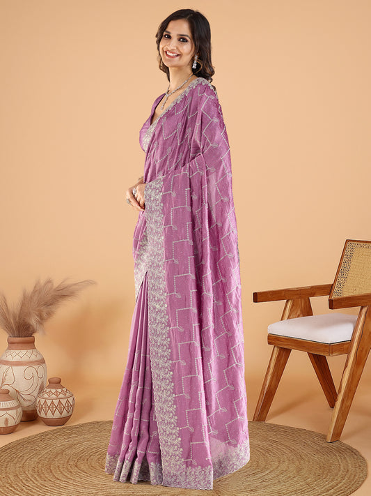 Rani Pink Embroidered Silk Saree with Blouse Piece
