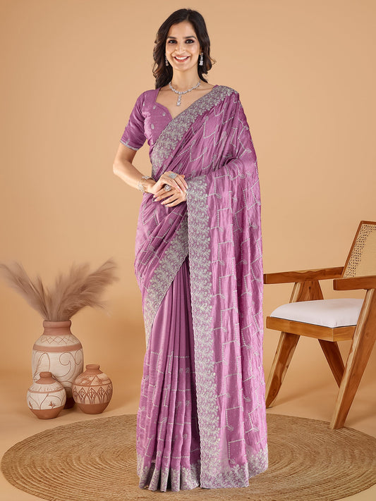 Rani Pink Embroidered Silk Saree with Blouse Piece