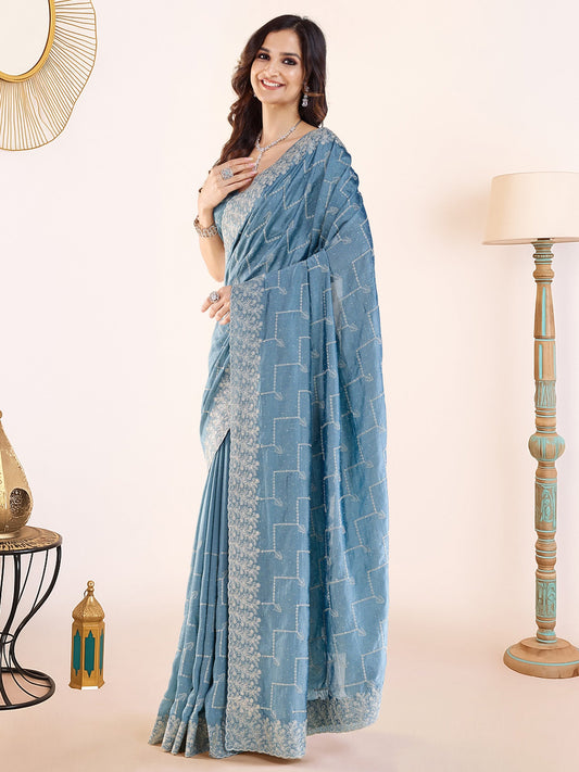 Steel Blue Embroidered Georgette Saree with Blouse