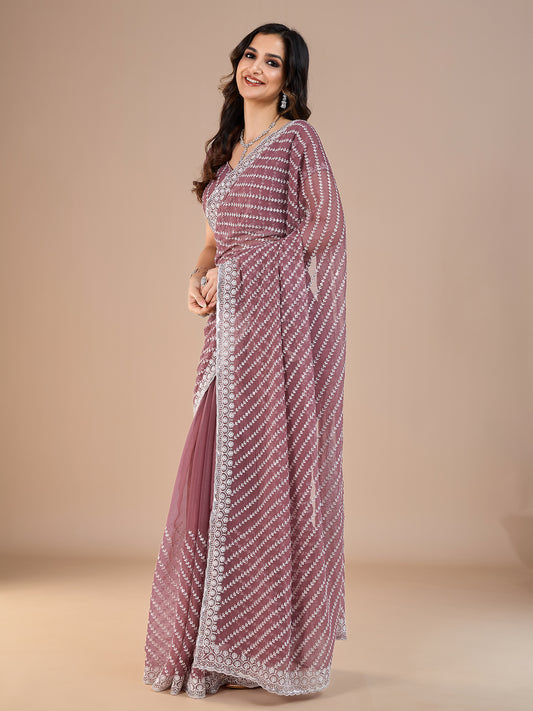 Pink Polyester Embroidery Zari Work Saree