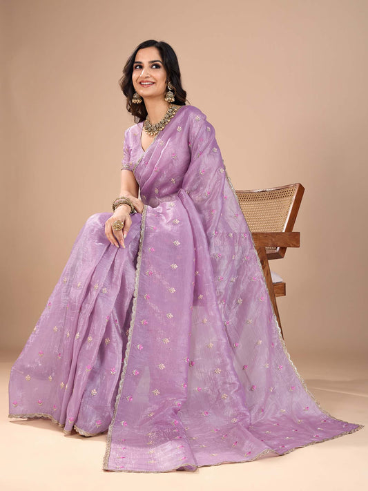 Lavender Organza Embroidered Saree with Stitched Blouse
