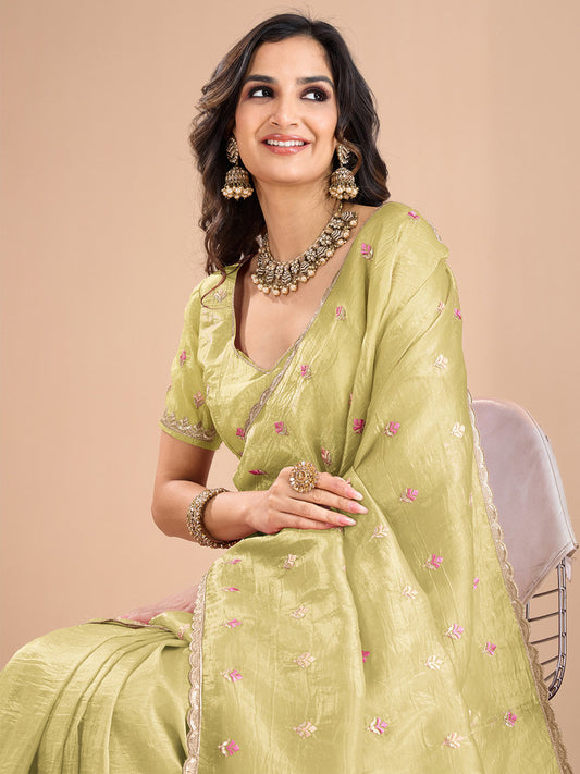 Pistachio Green Organza Silk Embroidered Saree with Blouse