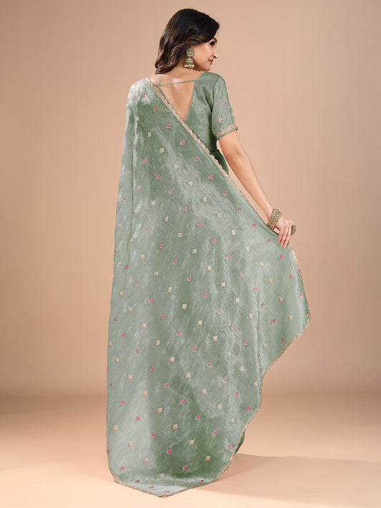 Sage Green Organza Embroidered Saree with Blouse | RANI2505