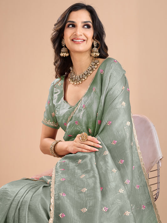 Sage Green Organza Embroidered Saree