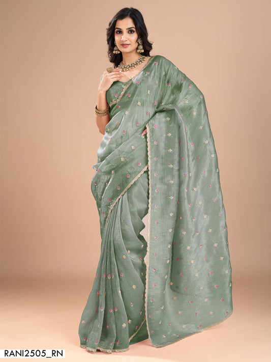 Sage Green Organza Embroidered Saree with Blouse | RANI2505